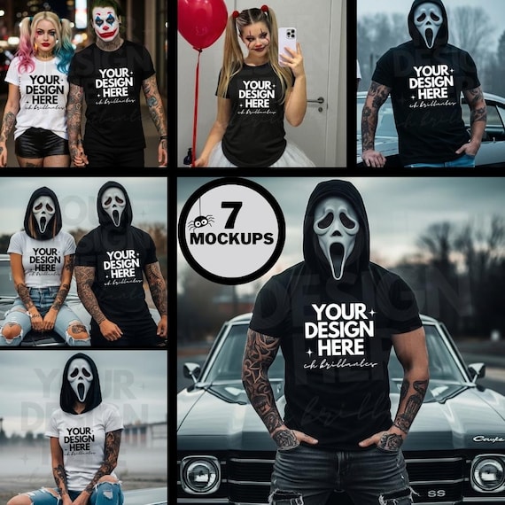 Halloween Shirt Mockups-Scream Mask Tees, Black -White Halloween T-Shirts,Custom Design Shirt Templates, Spooky Horror Apparel for Men-Women