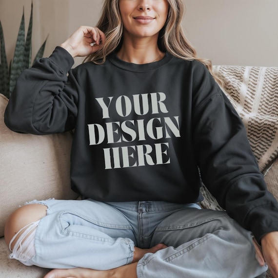 Gildan 18000 Black Sweatshirt Mockup-Trendy Mockup-POD Mockup-G180 Black Shirt-Real Person Model- Cozy Oversized Simple Mockup