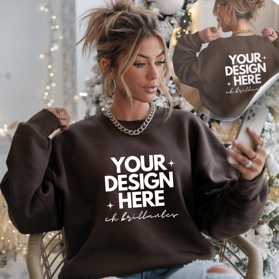 Gildan 18000 Dark Chocolate Sweatshirt Mockup-Front and Back Crewneck Sweatshirt Mock-up-Real Model-Back of Shirt -Trendy Minimalist
