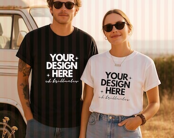 Couple T-Shirt Mockup, Black and White Couple Model Mocks, Gildan 5000, Oversized Heavy Cotton White Tee Mockup, Multiple Shirts Mockup