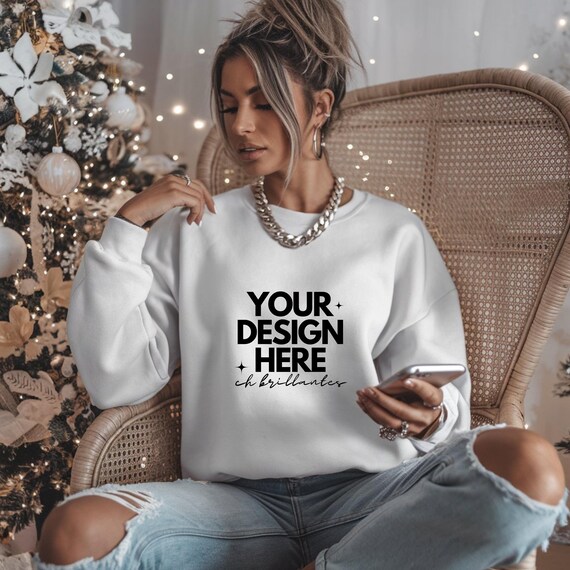 Gildan 18000 White Sweatshirt Mockup-Gildan18000 White Mockup-Cozy Trendy Boho Christmas Morning Aesthetic Sweater-Sweatshirt Holiday Mockup