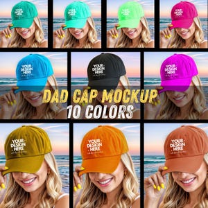 Puede incluir: Maqueta de gorra de papá en 10 colores. La gorra es de estilo clásico con una visera curvada y una correa ajustable. Los colores incluyen turquesa, verde, rosa, azul, negro, morado, amarillo mostaza, naranja y marrón.