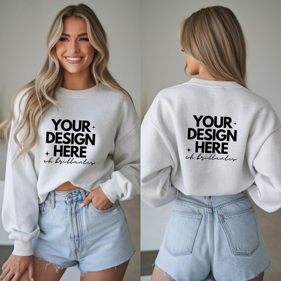 Gildan 18000 White Sweatshirt Front & Back Mockup | Real Model Mock | Neutral Dual Back View-G180 White Crewneck Sweater Split Mock-up