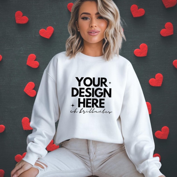 Gildan 18000 White Valentine Sweater Mockup,G18000 White Crewneck Sweatshirt Mock-up, Real Model,Valentines Day Sweatshirt Mockup