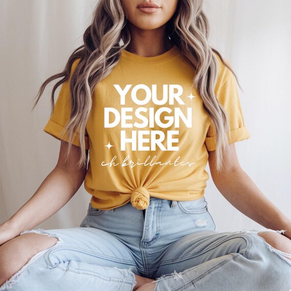 Bella Canvas 3001 Gold Shirt Mockup | Real Model Mock | Trendy Cozy Summer Fall Boho Aesthetic Tshirt-| BC 3001 Yellow T-shirt Mock-up