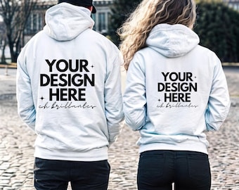 White Gildan 18500 Mockup-Gildan 18500 White Couple Mockup 18500 back Mockup Couple Hoodie Mockup-Couple Back Sweatshirt Mockup-Man & Woman
