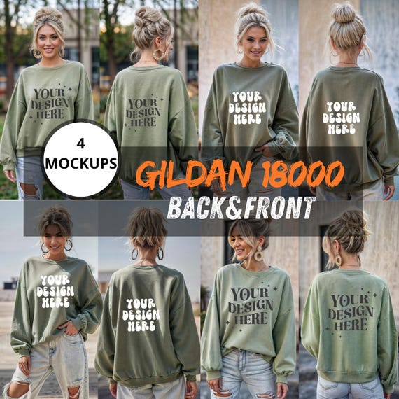 Green Gildan 18000 Sweatshirt Mockup | Front and Back Apparel Mockups for Custom Designs | Perfect for Etsy Clothing Sellers