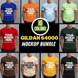 May include: A mockup bundle of 10 Gildan 64000 t-shirts in various colors, including blue, orange, light blue, green, red, dark green, brown, beige, yellow, and black. Each t-shirt features the text "YOUR+DESIGN+HERE" and "ch brillanter".