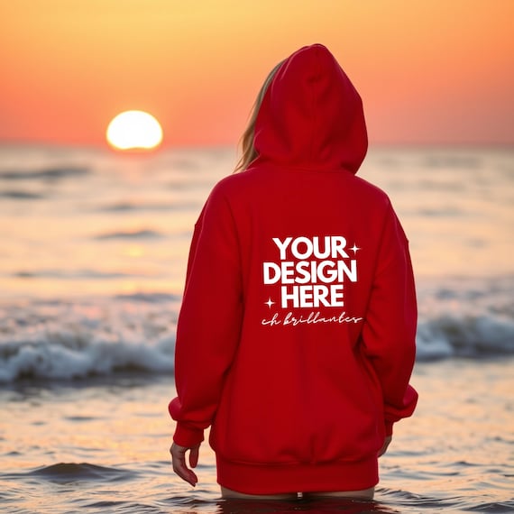 Gildan 18500 Red Hoodie Back Mockup-G185 Red Hooded Sweatshirt-Model Mock-Gildan 18500 Red Back View | Simple Neutral Back Mockup-real model