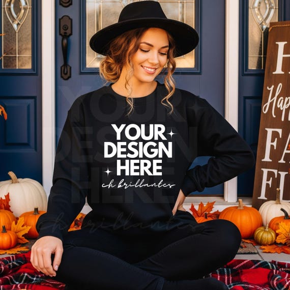 Gildan 18000 Black Sweatshirt Mockup-G180 Black Crewneck Fall Mockup |Halloween Black Crewneck Mockup-Autumn Mockup High Quality-Real Model