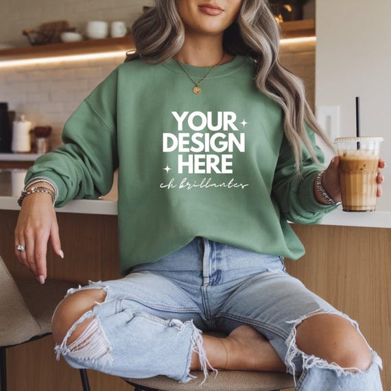 Gildan 18000 Military Green Sweatshirt Mockup- Real Model Mock | Cozy Trendy Fall Boho Aesthetic Sweater-G180 Green Crewneck Mockup