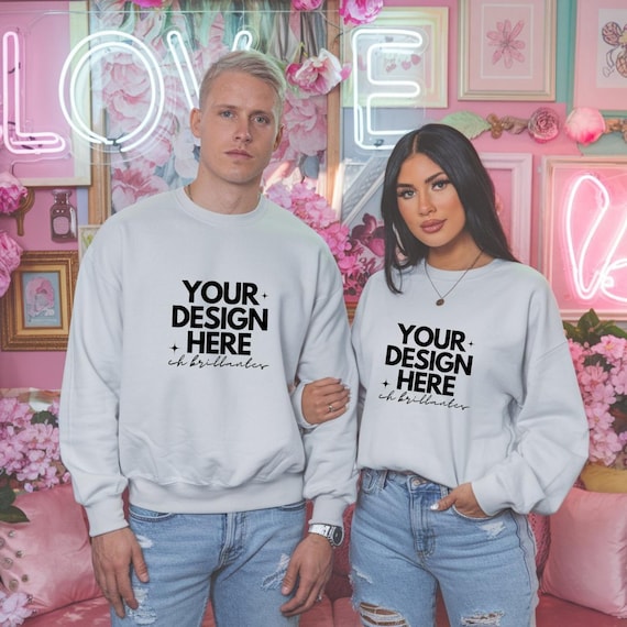 White Gildan 18000 Sweatshirt Mockup | Valentine's Day Couple Mockup | Love Affection Amour | Matching Sweats,G180 White Crewneck Mockup