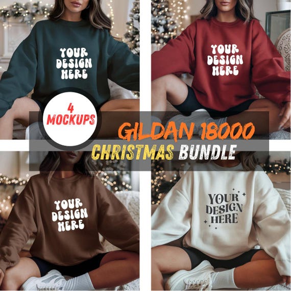 Christmas Sweatshirt Mockup Bundle – Gildan 18000 Oversized Pullover Mockups for Holiday Designs,Festive Apparel and Winter Fashion Branding