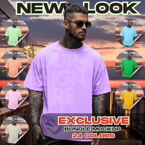 May include: A mockup of a t-shirt in 24 different colors. The t-shirt is a crew neck, short-sleeved style with a relaxed fit. The text "EXCLUSIVE BUNDLE MOCKUP 24 COLORS" is displayed at the bottom of the image.