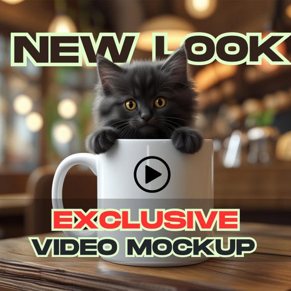 Mug Mockup Video - 11oz Mug Video Mockup, White Video Mug Mockup-Animated Coffee Mug Mockup with Cute Kitten- Real Mug Mockup-Video Mockup