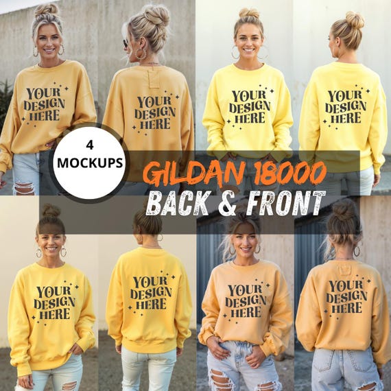 Yellow Gildan 18000 Sweatshirt Mockup Bundle-Realistic Front and Back Yellow Mockups for Sublimation&Screen Printing-
