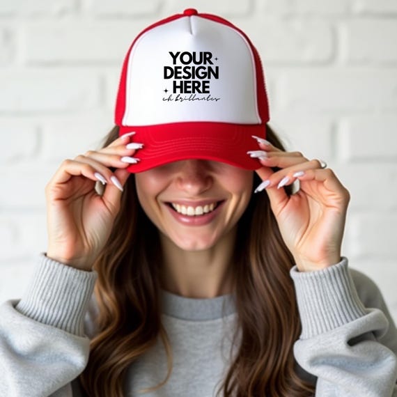 Otto Trucker Cap Mockup, Red White Baseball Hat Mockup, Lifestyle Baseball Cap Mockup, Aesthetic Mockup, Real Person Model- Mesh Hat Mock-up