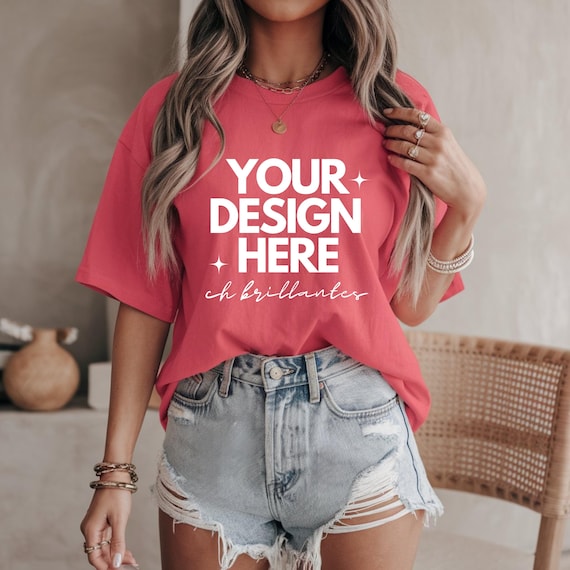 Bella Canvas 3001 Red Shirt Mockup |  Real Model Mock | Trendy Neutral Cozy Summer Fall Boho Aesthetic Tshirt-3001 Red T-shirt Mock-up
