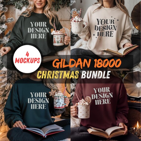 Gildan 18000 Christmas Mockup Bundle-Festive Sweatshirt Mockups for Designers-G180 Tan Beige Crewneck Mock-up-Cozy Trendy Christmas Morning