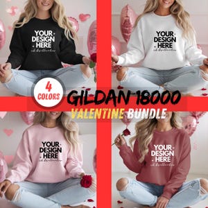Puede incluir: Un paquete de cuatro sudaderas Gildan 18000 para San Valentín en negro, blanco, rosa y rojo. Cada sudadera tiene el texto "YOUR+DESIGN+HERE" y "ch brillanter".