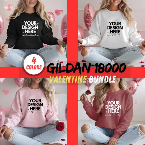 Valentines Gildan 18000 mockup bundle, Light pink red white and sand Gildan women model valentine mocks-Valentine day sweatshirt mockups