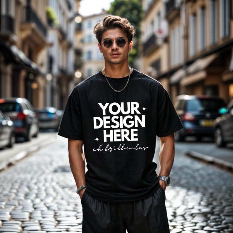 May include: A black t-shirt with the text "YOUR DESIGN HERE" and "ch brillantes" printed in white on the front.