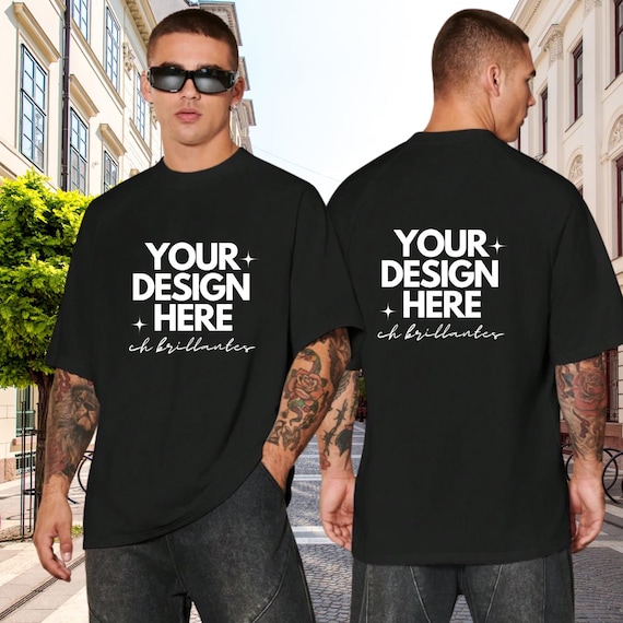 Black T-Shirt Mockup - Front & Back Male Model Bella Canvas 3001 | Dual View Black Tee Mockup for Designers-Dual View Black Tee Mockup