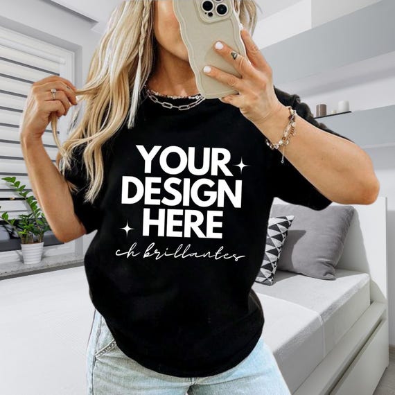 Gildan 5000 Black T-Shirt Mockup | Boho Styling - Minimalist Fashion Digital Mockup for POD Merch Sellers-Plain Black Tee Minimalist Fashion