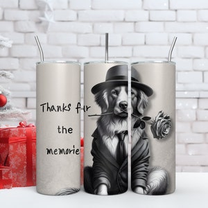 Vintage stijl zwart-wit hond olieverfschilderij 20 oz magere beker. Bedankt voor de herinneringen.