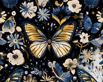 May include: A seamless pattern featuring gold and blue butterflies on a black background. The butterflies are surrounded by white and blue flowers.