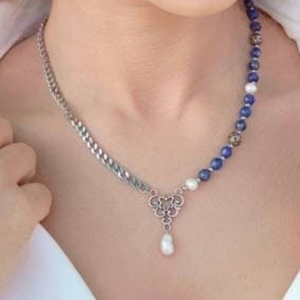 Lapis Lazuli and Pearl Matching Set - Handcrafted Jewelry with Natural Gemstones for a Classy Look.