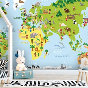 Papier peint mural avec une carte du monde au mur pour enfants pour chambre d'enfant au mur