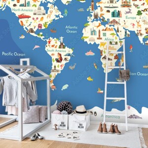 Papier peint mural avec une carte du monde au mur pour enfants pour chambre d'enfant au mur