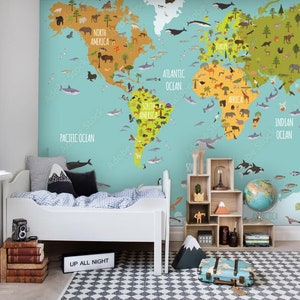 Papier peint mural avec une carte du monde au mur pour enfants pour chambre d'enfant au mur