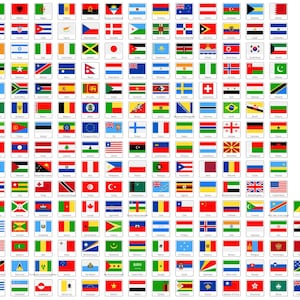 Może przedstawiać: Kompletny zbiór prostokątnych flag narodowych i regionalnych ułożonych w siatkę, prezentujący szeroką gamę kolorów, wzorów geometrycznych, symboli i emblematów reprezentujących różne kraje i terytoria z całego świata.