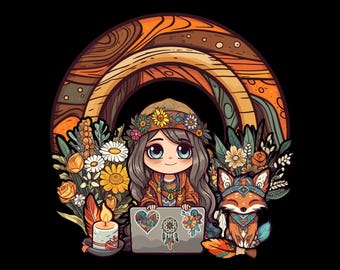 Hippie Girl and Fox Clipart