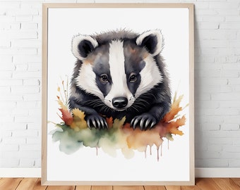 Colorful Watercolor Baby Badger Portrait: Digital Printable, Whimsical Wildlife Art, Instant Download