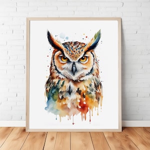 Vibrant Owl Splendor: Colorful Watercolor Portrait