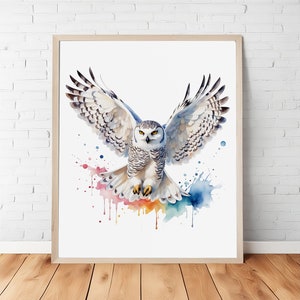 Vibrant Watercolor Snowy Owl in Majestic Flight, White Owl Printable Wall Art, Digital Print