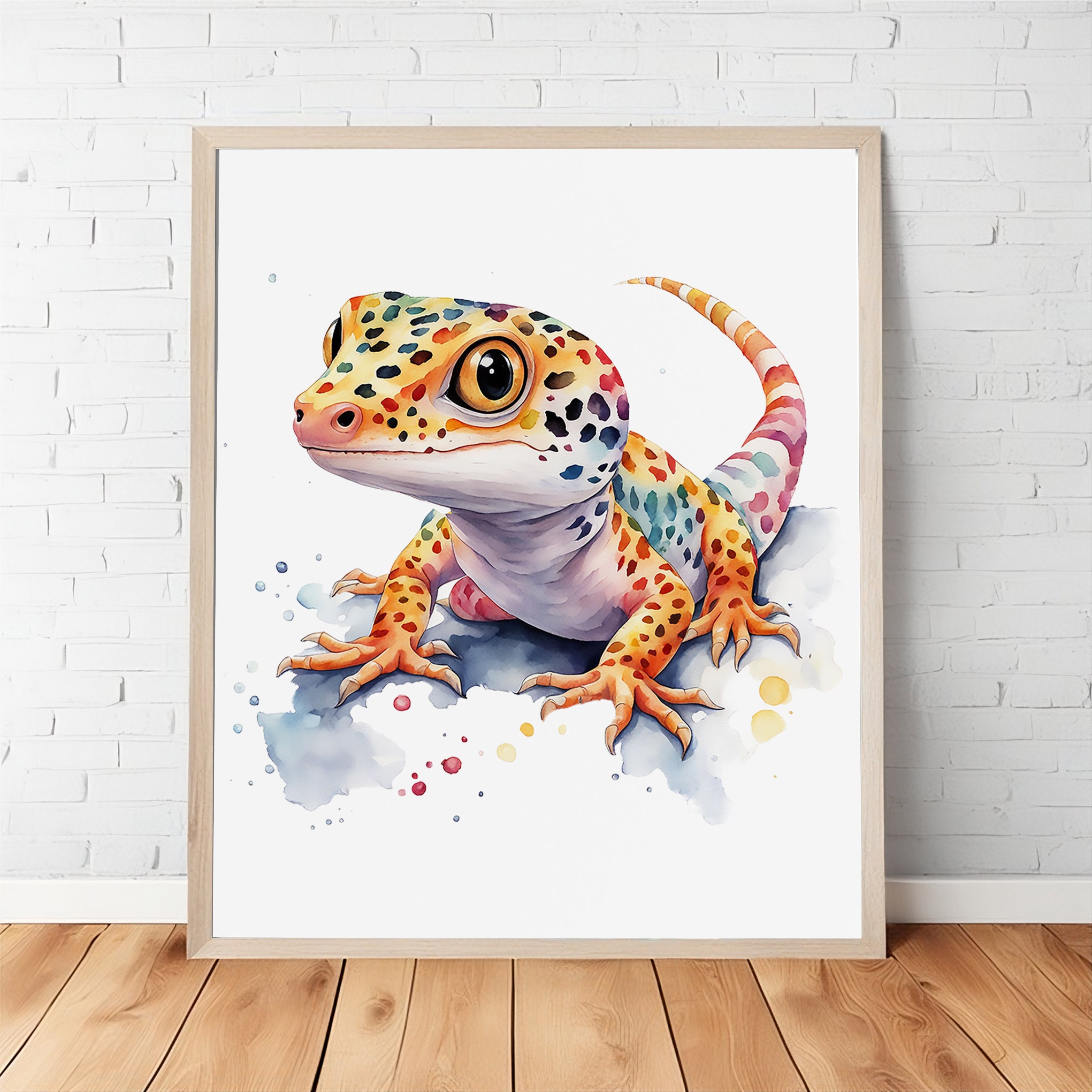 Colorful Watercolor Leopard Gecko Portrait, Reptile Wall Art