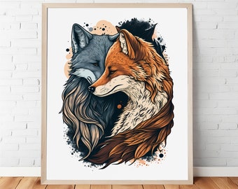 Enchanting Embrace: Fox and Wolf in Tender Cuddle - Romantic Wall Art | Cute Gift For Couples