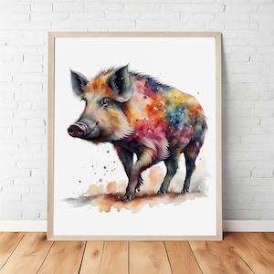 Vibrant Watercolor Wild Boar Painting, Wild Hog Wall Decor, Digital Download, Forest Pig Artwork