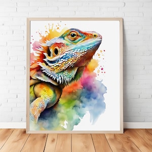 Colorful Watercolor Bearded Dragon Portrait: Digital Printable, Whimsical Reptile Art, Instant Download