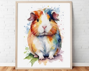 Colorful Watercolor Portrait of a Cute Guinea Pig, Printable Wall Art