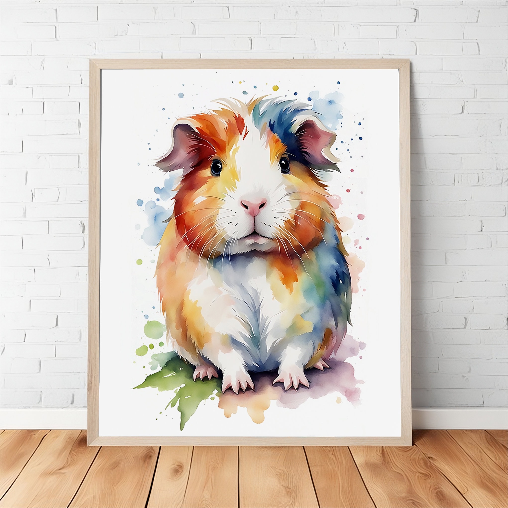 Kleurrijk aquarelportret van een schattige cavia, afdrukbare muurkunst