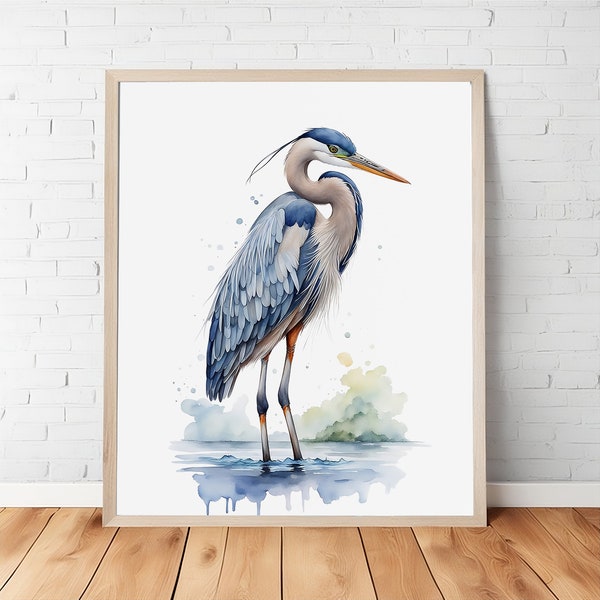 Elevate Your Space: Digital Printable Blue Heron in Watercolor, Standing Gracefully on Water