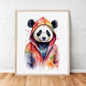 Colorful Watercolor Hooded Panda Portrait - Unique Wildlife Art Print, Nursery Wall Decor, Instant Download, Printable Artwork