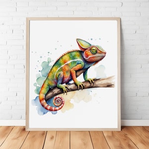 Colorful Watercolor Chameleon: Whimsical Art Print, Instant Download, Wildlife Decor, Tropical Reptile Art