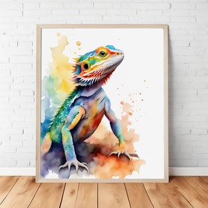 Rainbow Watercolor Bearded Dragon Portrait, Wall Art Lizard, Reptilian Artwork
