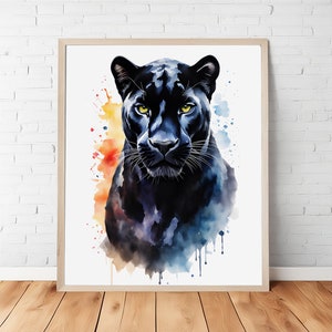 Colorful Watercolor Portrait of a Black Panther, Black Cat Wall Art